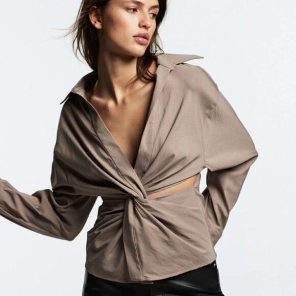 ZARA Cut Out Shirt Taupe Brown - Picture 10 of 14